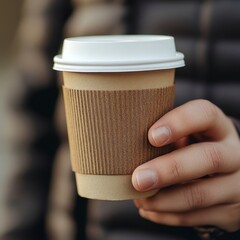 Close up of Hand Holding Brown Coffee Cup with White Lid
