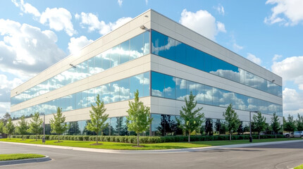generic modern building - symbol of success, modern, multi-story office building with a clean, geometric design, featuring numerous large, reflective windows that mirror the blue sky and clouds.