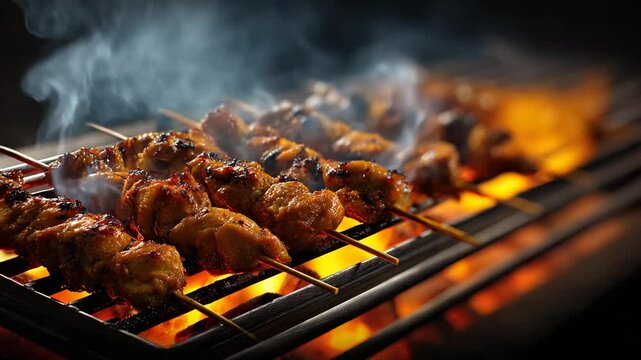 Close up view of golden brown chicken satay skewers grilling over glowing embers, emitting smoke. Dark background, warm lighting.