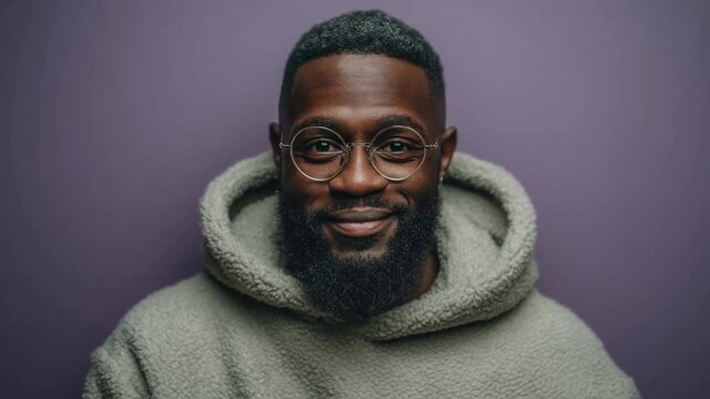 Playful young black man in round glasses and a hoodie covering his mouth, suppressing a smile, against a plain purple background, conveying coy amusement or a fun secret for social media