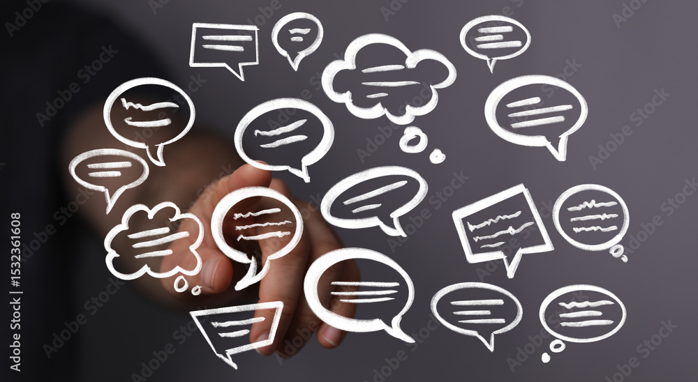 Poster abstract image of hand interacting with speech bubbles, symbolizing communication, dialogue, and ide