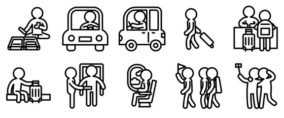 Travel and camping activity icon set. Line outline style