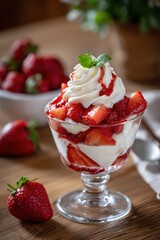 Deliciously fresh strawberry dessert with whipped cream and syrup served in a clear glass bowl