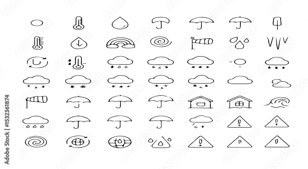 Poster a collection of weather icons displayed in a grid pattern showing various weather conditions and sym