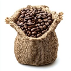 Dark Roasted Coffee Beans in Burlap Sack on White Background