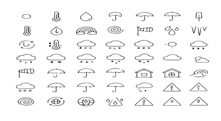 A collection of weather icons displayed in a grid pattern showing various weather conditions and symbols
