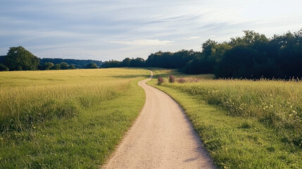 Countryside dirt road winding through green field, summer landscape, peaceful rural scene, blue sky, nature