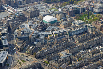 Aerial view of the centre of Edinburgh with Waverly station and 'St James quarter' shopping centre