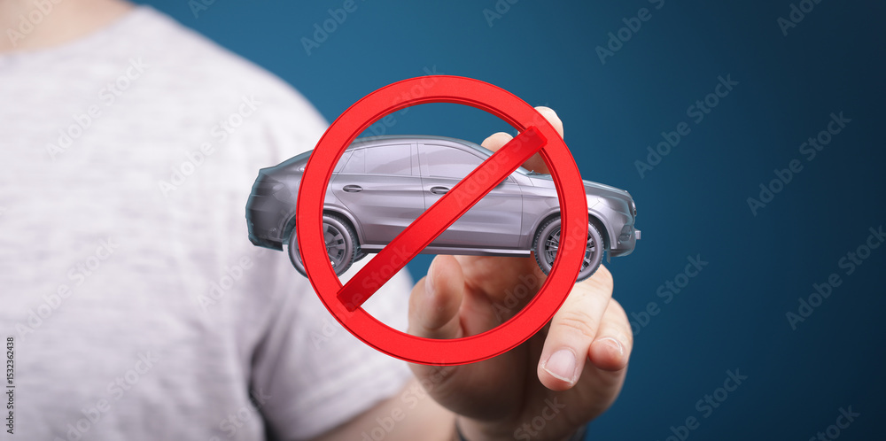Poster image of a hand holding a car model with a red circle and line prohibiting cars. perfect for illustr
