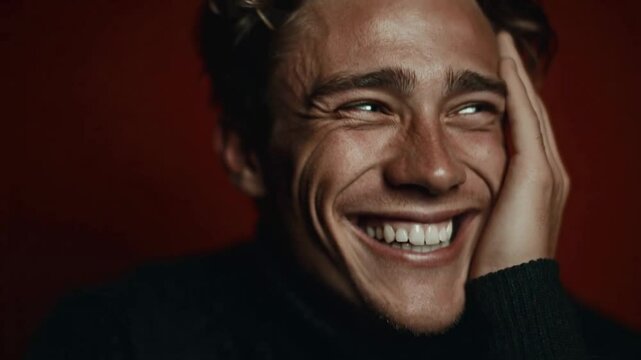 Happy young man laughing genuinely with a hand on his face against a warm red background, radiating joy, spontaneity, and authentic emotion for concepts of positivity and human connection