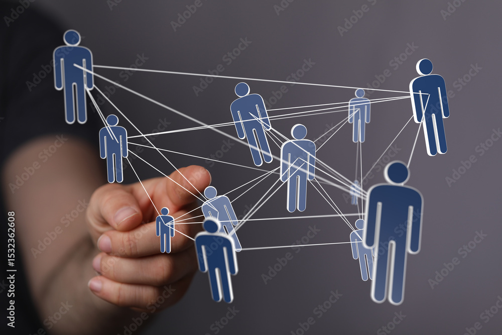 Poster Image of a hand interacting with a digital network of interconnected people, symbolizing global collaboration and communication.