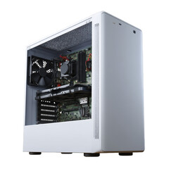 A white desktop computer with its side panel removed showing internal components on a black background