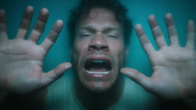 Terrified man screaming with wide eyes and hands pressed against a surface, submerged or trapped, conveying intense fear, panic and the struggle for survival in a claustrophobic situation