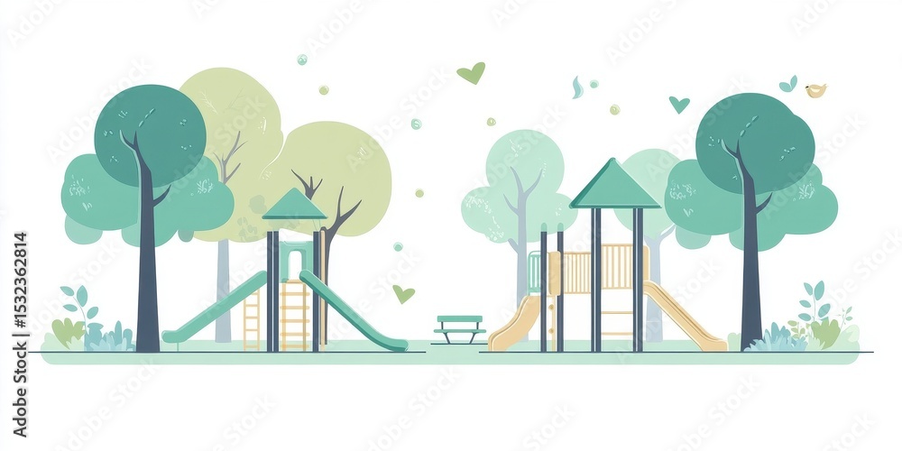 Poster pastel green playground scene with slides and climbing structures
