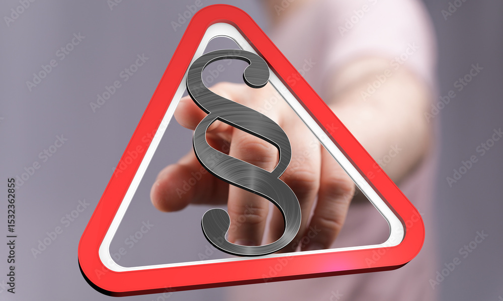 Poster stock photo of a hand pointing at a paragraph symbol inside a red warning triangle. perfect for lega