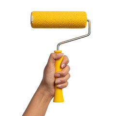 A hand holding a yellow paint roller with a metal handle against a black background in a studio shot