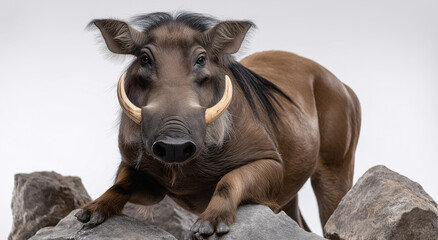 Fototapeta premium Majestic Warthog on Watch: A formidable warthog with prominent tusks and textured skin confidently surveys its surroundings, embodying strength and resilience.