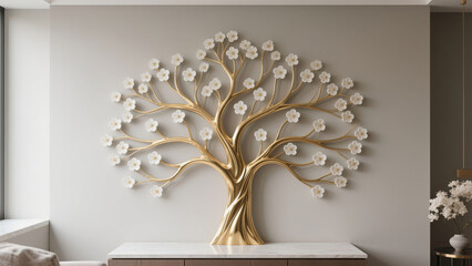 Elegant Golden Tree Artwork Embellishing a Contemporary Room Interior