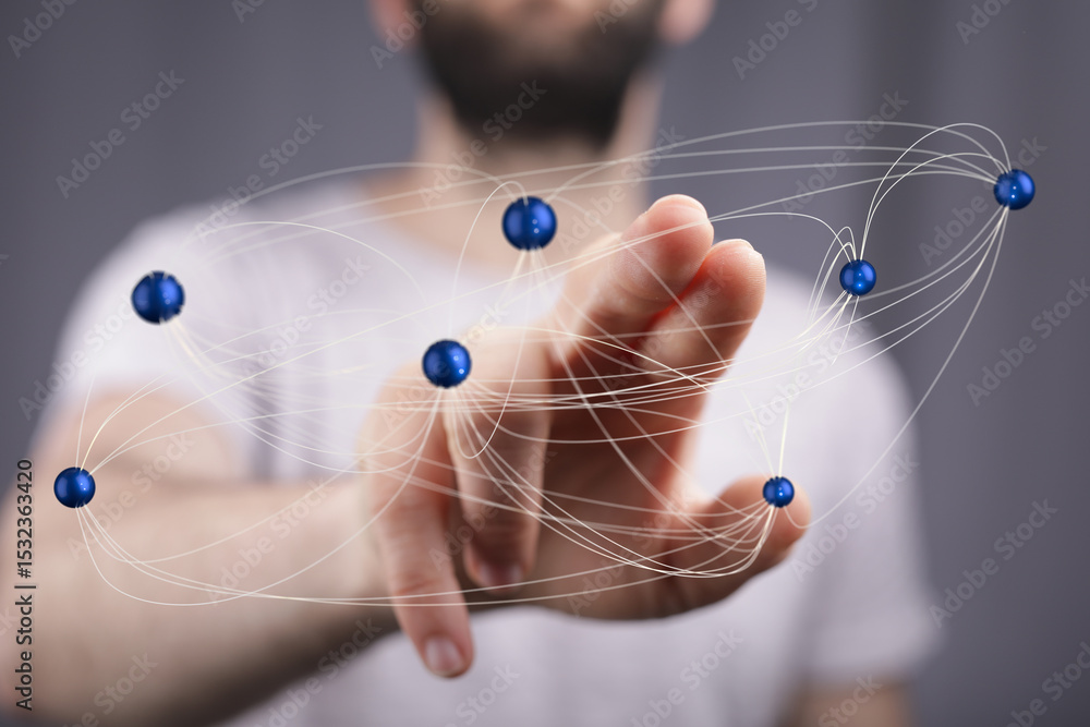 Poster Man interacts with a digital network, showcasing global connectivity and data flow.