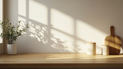Fototapeta premium A simple, warm kitchen scene to show off your product. Features a light wood counter, white wall, plant, candle, and a Japanese style. Perfect for a cozy, clean display. 