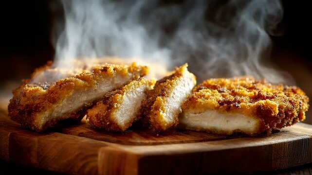 Close up view of steaming, golden brown breaded cutlets on a rustic wooden board. The meat is juicy and tender, with a crispy exterior. Dark background enhances the food's visual appeal.