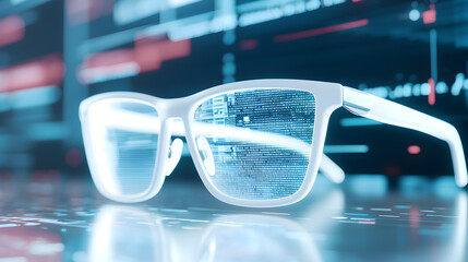 White-framed eyeglasses reflecting digital code and data on a glossy surface with a blurred background of charts and graphs.