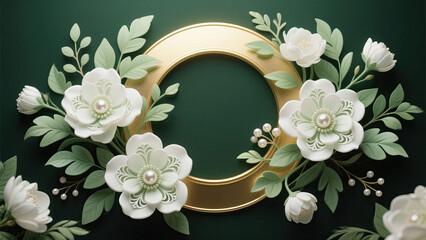 Golden Ring with White Flowers and Green Leaf