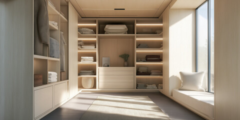 Light-filled horizontal closet space with soft wood textures, built-in wardrobe modules.