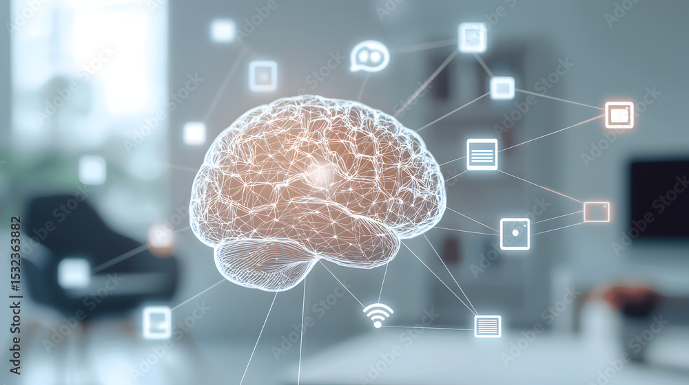 Poster a digital brain illustration connected with various data nodes representing artificial intelligence 
