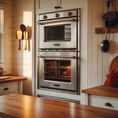 Classic retro oven under natural sunlight in open white kitchen layout aesthetic kitchen interior design wallpaper background