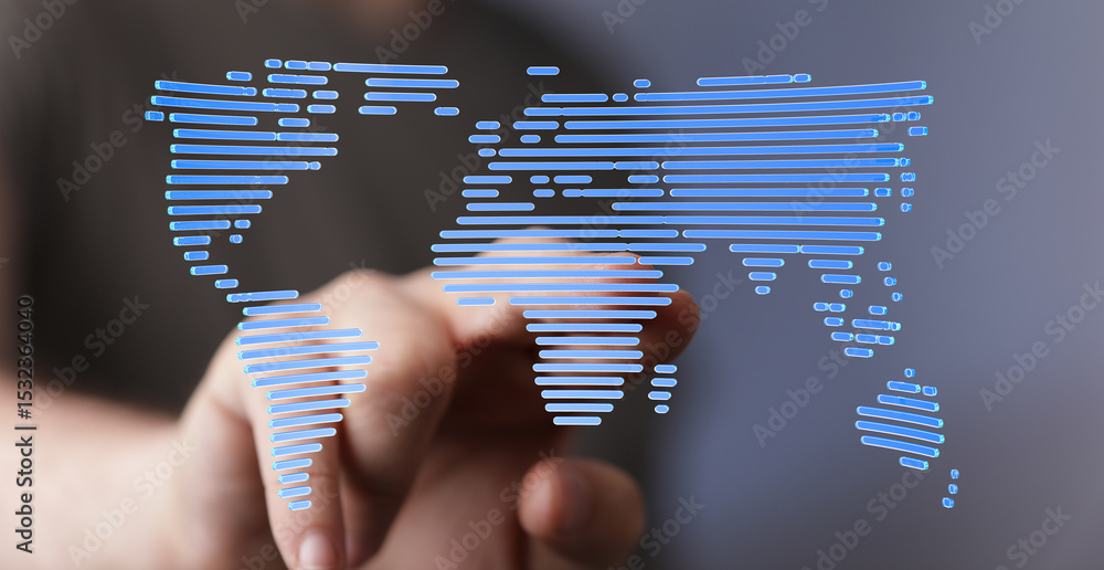 Aufkleber Hand interacting with a digital world map, representing global connectivity and networking.