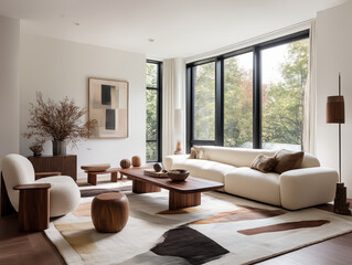 midimalist living room with walnut wood furniture, cream sofa, abstract rug, large windows, balanced modern layout