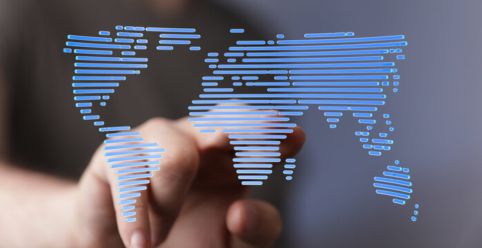 Hand interacting with a digital world map, representing global connectivity and networking. - Powered by Adobe