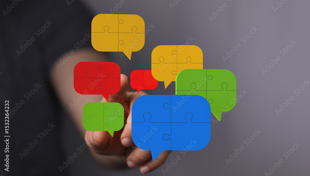 Poster colorful puzzle pieces represent communication, collaboration, and problem-solving in a team.