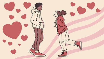 Romantic Happy Valentine’s Day Illustration With Couple Smiling, Hearts, And Decorative Leaves For Love And Holiday Design