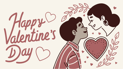 Romantic Happy Valentine’s Day Illustration With Couple Smiling, Hearts, And Decorative Leaves For Love And Holiday Design