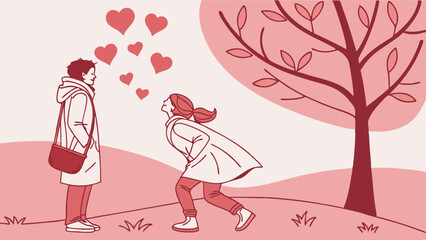 Romantic Happy Valentine’s Day Illustration With Couple Smiling, Hearts, And Decorative Leaves For Love And Holiday Design