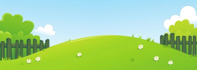 Serene Green Hill Landscape with Wooden Fences and White Flowers