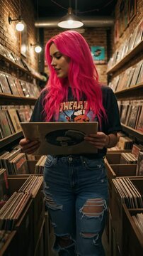 Stylish young woman with vibrant pink hair and ripped jeans browses vinyl records in a cozy record store, reflecting youth subculture and a love for retro music within the retail music scene