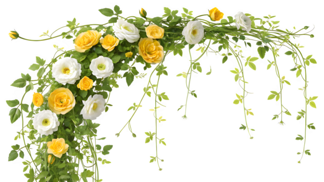 Cascading Floral Arch with White and Yellow Roses and Green Vines