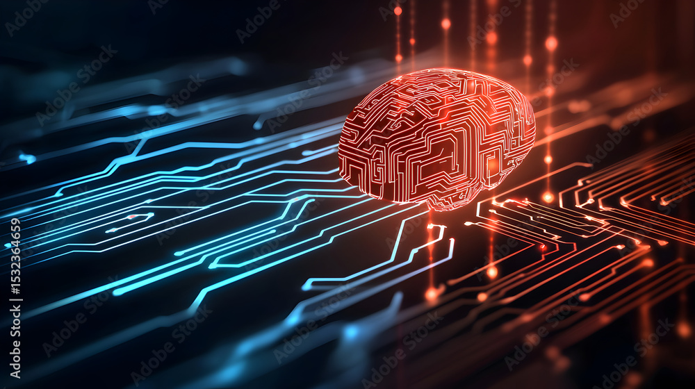Aufkleber a digital brain made of circuitry glows with red and blue lights, symbolizing artificial intelligenc