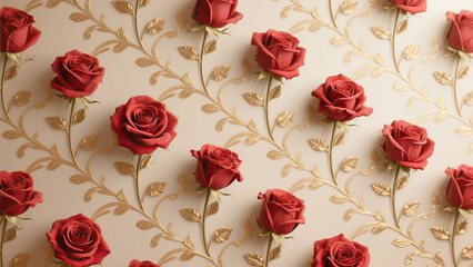 Elegant Red Rose Floral Wallpaper with Golden Vine Design