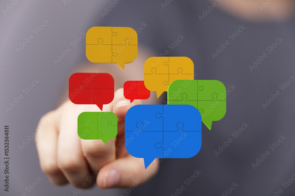 Poster abstract image of puzzle pieces forming speech bubbles, symbolizing communication and collaboration.