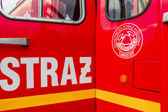 11.05.2025, Chwostek, Poland. Fire truck with firefighting equipment from OSP Chwostek, emergency vehicle ready for fire suppression and rescue operations in local Polish volunteer fire department