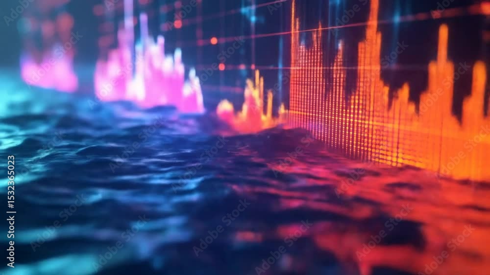 Poster futuristic data flow visualization with water reflections and digital graph, modern technology
