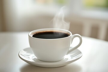 Fototapeta premium Steaming Cup of Black Coffee on White Saucer