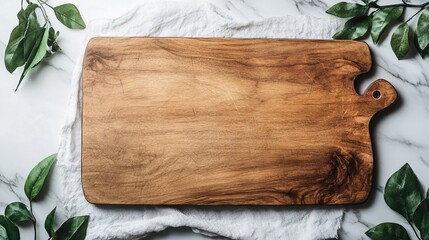 A wooden cutting board sits on a linen cloth with leaves around it. It's on a marble surface, seen from above.
