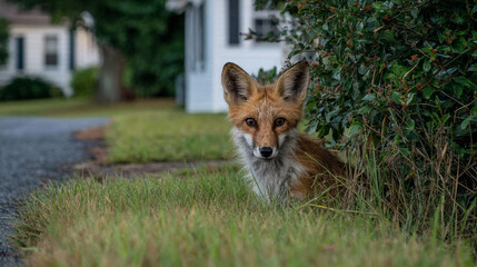 A red fox peers from the grass near a house with alert eyes and pointed ears in a suburban setting.