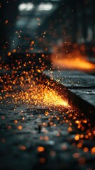 Glowing metal sparks in motion, a dance of fiery particles. Industrial energy transformed into abstract art.