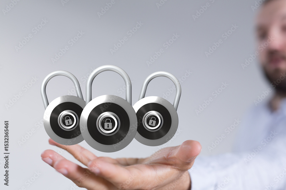 Aufkleber image of three padlocks in a hand, representing data security and online protection.